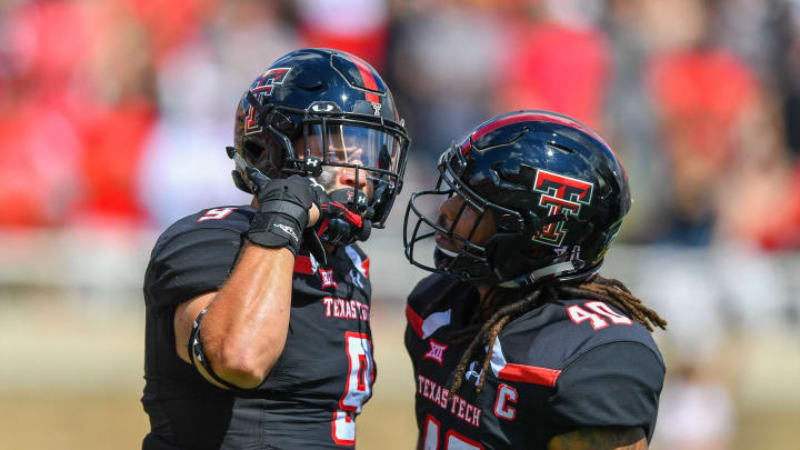 LUBBOCK, TX – SEPTEMBER 08: Tony Jones #9 of the Texas Tech Red Raiders and Dakota Allen #40 of the Texas Tech Red Raiders react to a quarterback sack during the first half of the game against the Lamar Cardinals on September 08, 2018 at Jones AT&T Stadium in Lubbock, Texas. (Photo by John Weast/Getty Images)