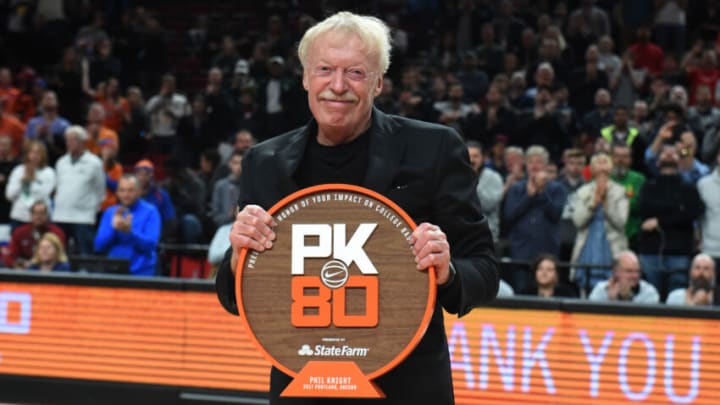 PORTLAND, OR - NOVEMBER 26: Nike co-founder Phil Knight accepts an award during the the first half of the game between the Florida Gators and the Duke Blue Devils during the PK80-Phil Knight Invitational presented by State Farm at the Moda Center on November 26, 2017 in Portland, Oregon. (Photo by Steve Dykes/Getty Images)