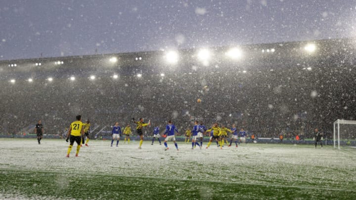 Heavy snow falls during the Premier League match between Leicester City and Watford at King Power Stadium (Photo by Richard Heathcote/Getty Images)