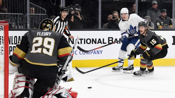 LAS VEGAS, NEVADA – NOVEMBER 19: Zach Hyman #11 of the Toronto Maple Leafs shoots  . (Photo by Ethan Miller/Getty Images)