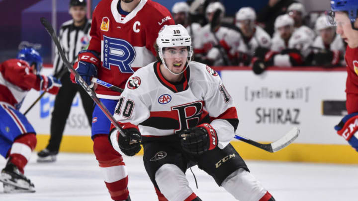 MONTREAL, QC - FEBRUARY 19: Alex Formenton #10 of the Belleville Senators skates against the Laval Rocket during the first period at the Bell Centre on February 19, 2021 in Montreal, Canada. The Laval Rocket defeated the Belleville Senators 5-2. (Photo by Minas Panagiotakis/Getty Images)