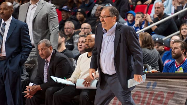 DETROIT, MI - JANUARY 15: Stan Van Gundy of the Detroit Pistons watches the play from the sidelines against the Charlotte Hornets during the an NBA game at Little Caesars Arena on January 15, 2018 in Detroit, Michigan. NOTE TO USER: User expressly acknowledges and agrees that, by downloading and or using this photograph, User is consenting to the terms and conditions of the Getty Images License Agreement. The Hornets defeated the Pistons 118 -107. (Photo by Dave Reginek/Getty Images)