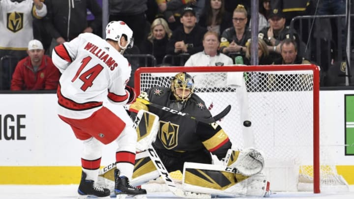 LAS VEGAS, NEVADA - FEBRUARY 08: Justin Williams #14 of the Carolina Hurricanes scores the game-winning goal to defeat the Vegas Golden Knights in a shootout at T-Mobile Arena on February 08, 2020 in Las Vegas, Nevada. (Photo by Jeff Bottari/NHLI via Getty Images)