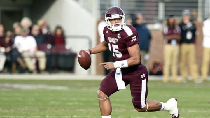 Nov 8, 2014; Starkville, MS, USA; Mississippi State Bulldogs quarterback Dak Prescott (15) rolls out to pass against the UT Martin Skyhawks during the first quarter at Davis Wade Stadium. Mandatory Credit: John David Mercer-USA TODAY Sports Nov 8, 2014; Starkville, MS, USA; Mississippi State Bulldogs quarterback Dak Prescott (15) rolls out to pass against the UT Martin Skyhawks during the first quarter at Davis Wade Stadium. Mandatory Credit: John David Mercer-USA TODAY Sports