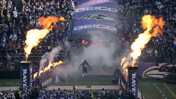 Jan 6, 2013; Baltimore, MD, USA; Baltimore Ravens linebacker Ray Lewis (52) is introduced before the AFC Wild Card playoff game against the Indianapolis Colts at M