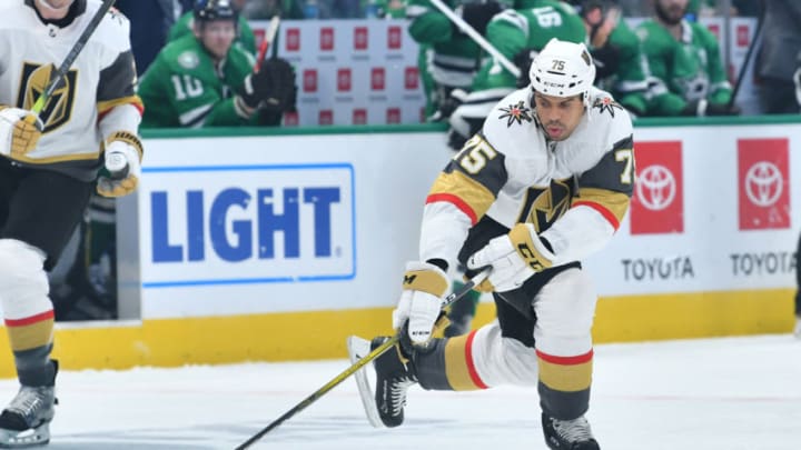 DALLAS, TX - NOVEMBER 25: Ryan Reaves #75 of the Vegas Golden Knights handles the puck against the Dallas Stars at the American Airlines Center on November 25, 2019 in Dallas, Texas. (Photo by Glenn James/NHLI via Getty Images)