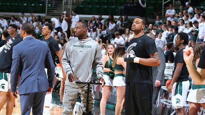 EAST LANSING, MI – FEBRUARY 20: Nick Ward #44 and Joshua Langford #1 of the Michigan State Spartans look on during warm ups prior to the game against Rutgers Scarlet Knights at Breslin Center on February 20, 2019 in East Lansing, Michigan. (Photo by Rey Del Rio/Getty Images)