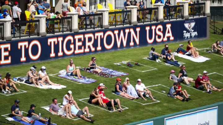LAKELAND, FL - FEBRUARY 28: Fans sit in socially distant squares painted in center field during a spring training game between the Philadelphia Phillies and the Detroit Tigers on February 28, 2021 at Publix Field at Joker Marchant Stadium in Lakeland, Florida. (Photo by Kevin Sabitus/Getty Images)