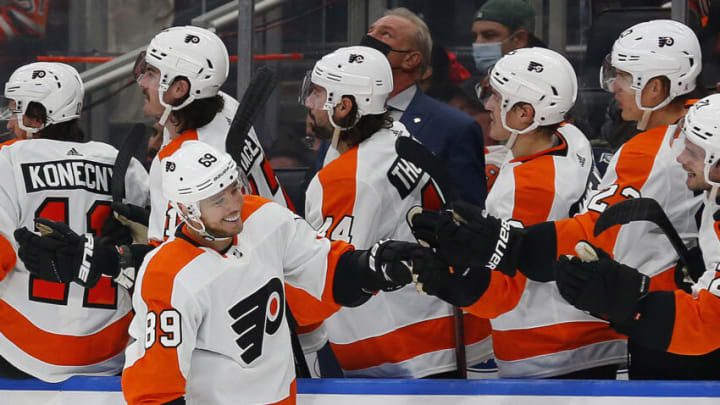 Oct 27, 2021; Edmonton, Alberta, CAN; Philadelphia Flyers forward Cam Atkinson (89) celebrates a third period goal against the Edmonton Oilers at Rogers Place. Mandatory Credit: Perry Nelson-USA TODAY Sports