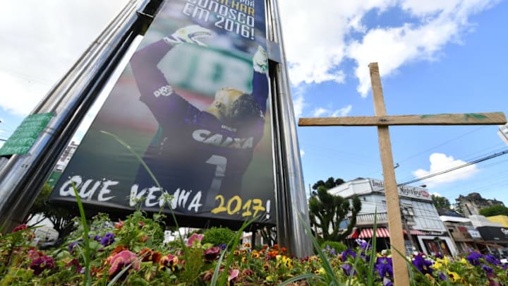 A sign placed by the Brazilian team Chapecoense Real thanking fans for their support in 2016 is seen in Chapeco, city in the southern Brazilian state of Santa Catarina, on November 29, 2016, day in which a plane carrying the team crashed in the Colombian mountains.Players of the Chapecoense were among 81 people on board the doomed flight that crashed into mountains in northwestern Colombia, in which officials said just six people were thought to have survived, including three of the players. Chapecoense had risen from obscurity to make it to the Copa Sudamericana finals scheduled for Wednesday against Atletico Nacional of Colombia. / AFP / Nelson ALMEIDA (Photo credit should read NELSON ALMEIDA/AFP/Getty Images)