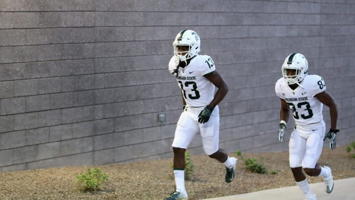 TEMPE, AZ – SEPTEMBER 08: Wide receivers Laress Nelson #13 and Andre Welch #83 of the Michigan State Spartans before the college football game against the Arizona State Sun Devils at Sun Devil Stadium on September 8, 2018 in Tempe, Arizona. The Sun Devils defeated the Spartans 16-13. (Photo by Christian Petersen/Getty Images)
