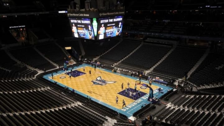 Jan 23, 2016; Charlotte, NC, USA; General view of the court during warm-ups prior to the game between the Charlotte Hornets and the New York Knicks at Time Warner Cable Arena. The Hornets won 97-84. Mandatory Credit: Sam Sharpe-USA TODAY Sports