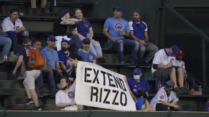 CHICAGO, ILLINOIS - APRIL 06: Fans in the center field express their support for Anthony Rizzo #44 of the Chicago Cubs during a game against the Milwaukee Brewers at Wrigley Field on April 06, 2021 in Chicago, Illinois. (Photo by Nuccio DiNuzzo/Getty Images)