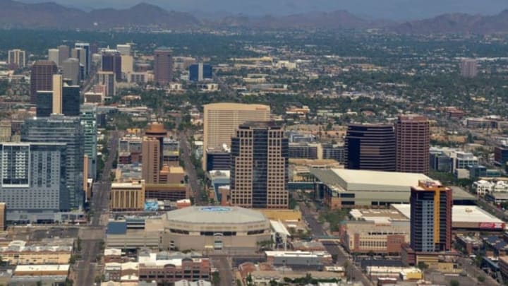 Sep 26, 2015; Phoenix, AZ, USA: General aerial view of the downtown Phoenix skyline and the Talking Stick Resort Arena. The facility serves as the home of the Phoenix Suns (NBA), Phoenix Mercury (WNBA) and Arizona Rattlers (AFL). Mandatory Credit: Kirby Lee-USA TODAY Sports