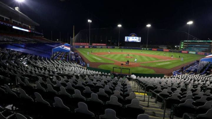 Rain falls at Sahlen Field during a game between the Toronto Blue Jays and the Boston Red Sox. (Photo by Bryan M. Bennett/Getty Images)