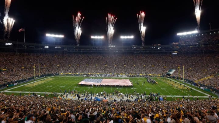 GREEN BAY, WI - SEPTEMBER 20: Fireworks explode over Lambeau Field prior to the game between the Seattle Seahawks and the Green Bay Packers on September 20, 2015 in Green Bay, Wisconsin. (Photo by Christian Petersen/Getty Images)