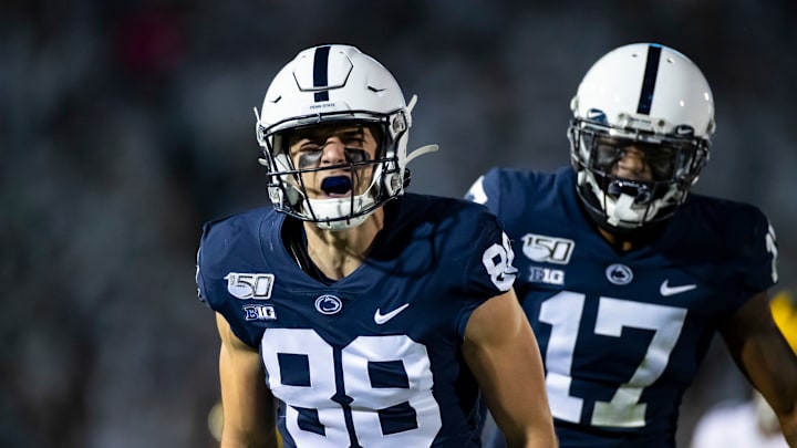 UNIVERSITY PARK, PA – OCTOBER 19: Dan Chisena #88 of the Penn State Nittany Lions celebrates pinning the Michigan Wolverines deep in their own zone on a punt play during the third quarter on October 19, 2019 at Beaver Stadium in University Park, Pennsylvania. Penn State defeats Michigan 28-21. (Photo by Brett Carlsen/Getty Images)