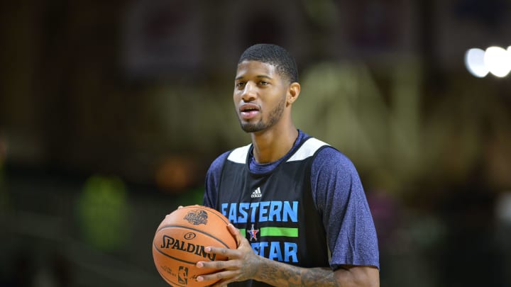 Feb 15, 2014; New Orleans, LA, USA; 2014 Eastern Conference All-Stars forward Paul George (Pacers) (24) on the court during the practice session at Ernest N. Morial Convention Center. Mandatory Credit: Bob Donnan-USA TODAY Sports