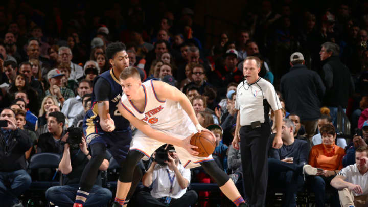 NEW YORK, NY - NOVEMBER 15: Kristaps Porzingis #6 of the New York Knicks defends the ball against the New Orleans Pelicans during the game on November 15, 2015 at Madison Square Garden in New York, New York. Copyright 2015 NBAE (Photo by Nathaniel S. Butler/NBAE via Getty Images)