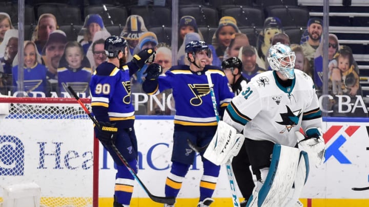 St. Louis Blues left wing David Perron (57) celebrates with center Ryan O'Reilly (90)Mandatory Credit: Jeff Curry-USA TODAY Sports