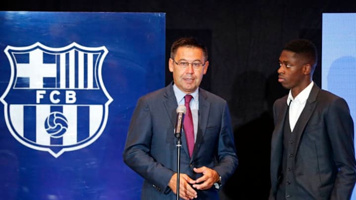 Josep Maria Bartomeu, president of FC Barcelona, during the presentation of Oumane Dembele as new player of FC Barcelona, in Barcelona, on August 28, 2017. (Photo by Urbanandsport/NurPhoto via Getty Images)