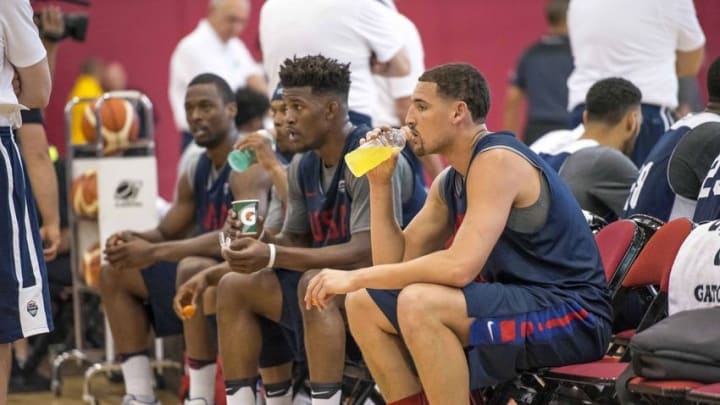 Jul 19, 2016; Las Vegas, NV, USA; From right, USA guard Klay Thompson (11) and guard Jimmy Butler (4) and guard Kyle Lowry (7) and forward Harrison Barnes (8) sit down during a practice at Mendenhall Center. Mandatory Credit: Joshua Dahl-USA TODAY Sports