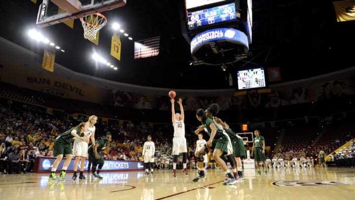 Mar 21, 2015; Tempe, AZ, USA; Arizona State Sun Devils center Quinn Dornstauder (22) shoots a free throw during the second half against the Ohio Bobcats in the first round of the women