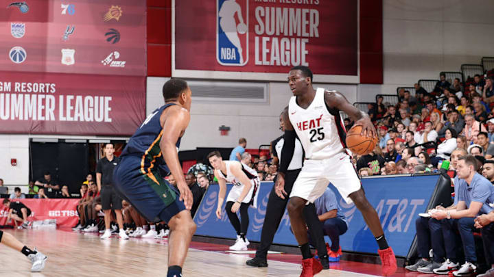 Las Vegas, NV - JULY 7: Kendrick Nunn #25 of the Miami Heat handles the ball during the game against the Utah Jazz during Day 3 of the 2019 Las Vegas Summer League on July 7, 2019 at the Cox Pavilion in Las Vegas, Nevada. NOTE TO USER: User expressly acknowledges and agrees that, by downloading and or using this Photograph, user is consenting to the terms and conditions of the Getty Images License Agreement. Mandatory Copyright Notice: Copyright 2019 NBAE (Photo by David Dow/NBAE via Getty Images)