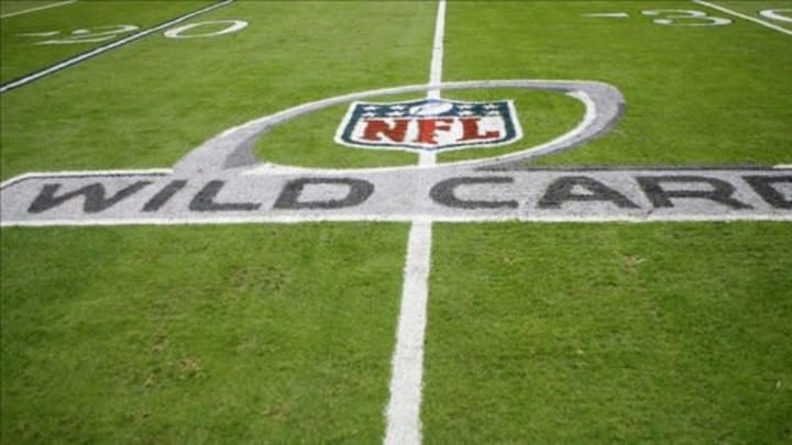 Jan 5, 2013; Houston, TX, USA; General view of the NFL Wild Card logo on the field before a game between the Houston Texans and Cincinnati Bengals during the AFC Wild Card playoff game at Reliant Stadium. Mandatory Credit: Brett Davis-USA TODAY Sports