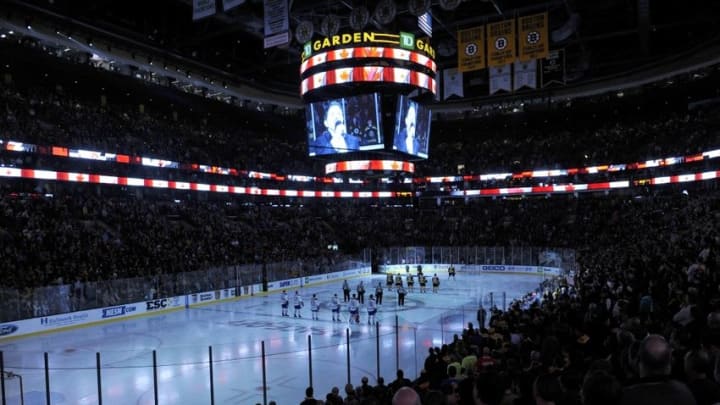 Oct 10, 2015; Boston, MA, USA; General view of the TD Garden during the national anthem in a game between the Boston Bruins and the Montreal Canadiens. Mandatory Credit: Bob DeChiara-USA TODAY Sports