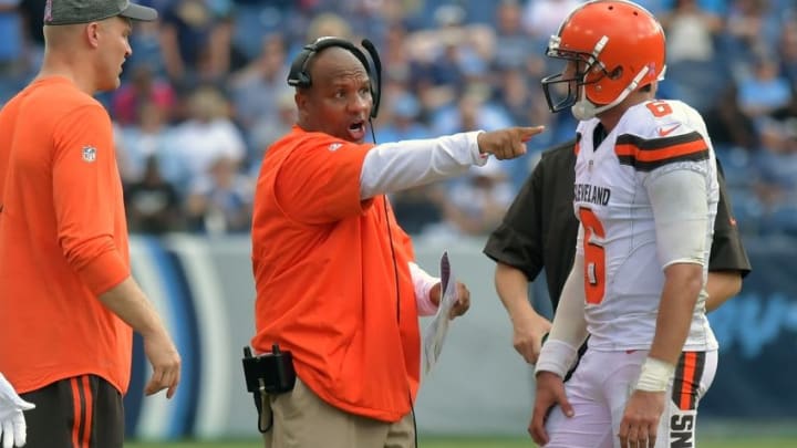 Oct 16, 2016; Nashville, TN, USA; Cleveland Browns head coach Hue Jackson during the second half against the Tennessee Titans at Nissan Stadium. Tennessee won 28-26. Mandatory Credit: Jim Brown-USA TODAY Sports