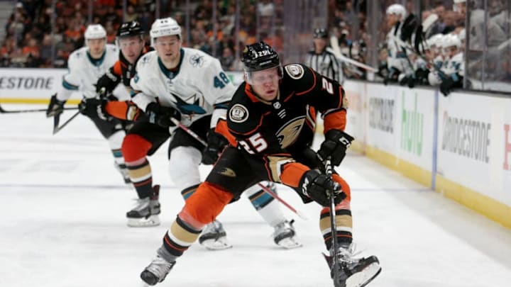 ANAHEIM, CA - APRIL 12: Ondrej Kase #25 of the Anaheim Ducks is pursued by Tomas Hertl #48 of the San Jose Sharks. (Photo by Jeff Gross/Getty Images)