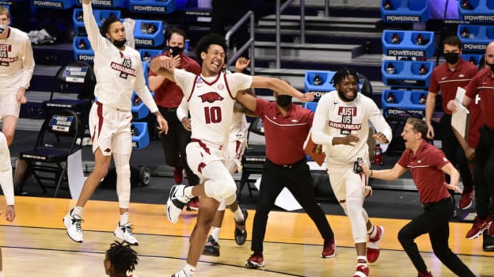 Arkansas Razorbacks forward Jaylin Williams (10) celebrates after defeating the Texas Tech Red Raiders in the second round of the 2021 NCAA Tournament at Hinkle Fieldhouse. Mandatory Credit: Marc Lebryk-USA TODAY Sports