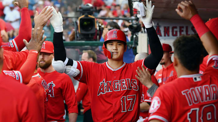 ANAHEIM, CA - JUNE 11: Los Angeles Angels designated hitter Shohei Ohtani (17) in the dugout after hitting a solo home run in the first inning of a game against the Los Angeles Dodgers played on June 11, 2019 at Angel Stadium of Anaheim in Anaheim, CA. (Photo by John Cordes/Icon Sportswire via Getty Images)