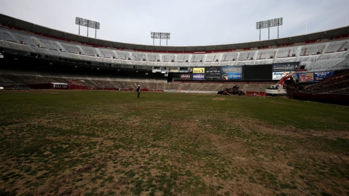 SAN FRANCISCO, CA - FEBRUARY 04: A view of the field inside Candlestick Park on February 4, 2015 in San Francisco, California. The demolition of Candlestick Park, the former home of the San Francisco Giants and San Francisco 49ers, is underway and is expected to take 3 months to complete. A development with a mall and housing is planned for the site. (Photo by Justin Sullivan/Getty Images)