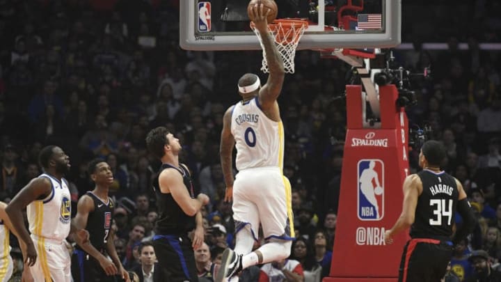 LOS ANGELES, CA - JANUARY 18: DeMarcus Cousins #0 of the Golden State Warriors scores a basket against Danilo Gallinari #8 of the Los Angeles Clippers during the first half at Staples Center on January 18, 2019 in Los Angeles, California. NOTE TO USER: User expressly acknowledges and agrees that, by downloading and or using this photograph, User is consenting to the terms and conditions of the Getty Images License Agreement. (Photo by Kevork Djansezian/Getty Images)