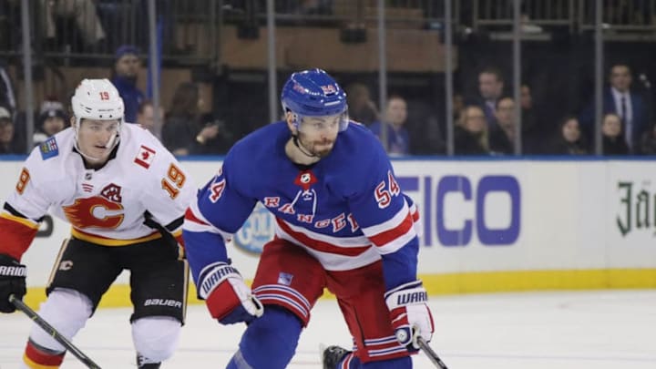 NEW YORK, NEW YORK - OCTOBER 21: Adam McQuaid #54 of the New York Rangers skates against the Calgary Flames at Madison Square Garden on October 21, 2018 in New York City. The Flames defeated the Rangers 4-1. (Photo by Bruce Bennett/Getty Images)