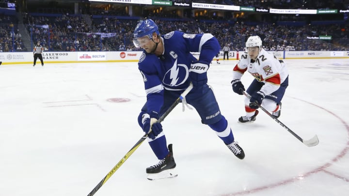 h TAMPA, FL – SEPTEMBER 25: Tampa Bay Lightning center Steven Stamkos (91) and Florida Panthers center Frank Vatrano (72) skate in the third period of the NHL preseason game between the Florida Panthers and Tampa Bay Lightning on September 25, 2018, at Amalie Arena in Tampa, FL. (Photo by Mark LoMoglio/Icon Sportswire via Getty Images)