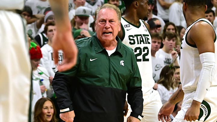 Dec 10, 2022; East Lansing, Michigan, USA; Michigan State Spartans head coach Tom Izzo reacts after a play against the Brown Bears at Jack Breslin Student Events Center. Mandatory Credit: Dale Young-USA TODAY Sports