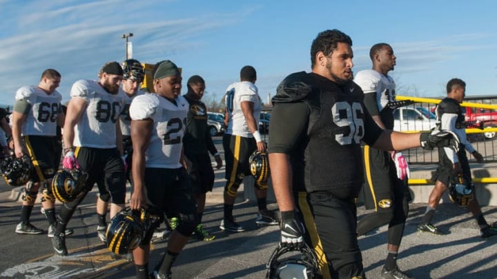 COLUMBIA, MO - NOVEMBER 10: Members of the University of Missouri Tigers football team return to practice at Memorial Stadium at Faurot Field on November 10, 2015 in Columbia, Missouri. The university looks to get things back to normal after the recent protests on campus that lead to the resignation of the school's President and Chancellor on November 9. (Photo by Michael B. Thomas/Getty Images)