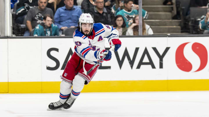 SAN JOSE, CA – DECEMBER 12: New York Rangers Center Mika Zibanejad (93) passes the puck during the NHL hockey game between the New York Rangers and San Jose Sharks on December, 12, 2019 at the SAP Center in San Jose, CA. (Photo by Bob Kupbens/Icon Sportswire via Getty Images)