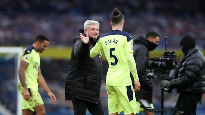Steve Bruce, Manager of Newcastle United F.C. interacts with Fabian Schar. (Photo by Clive Brunskill/Getty Images)