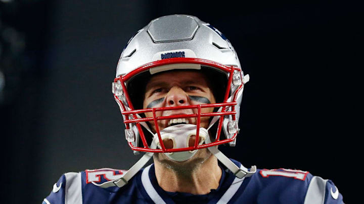 FOXBOROUGH, MA - OCTOBER 14: Tom Brady #12 of the New England Patriots reacts before a game with the Kansas City Chiefs at Gillette Stadium on October 14, 2018 in Foxborough, Massachusetts. (Photo by Jim Rogash/Getty Images)