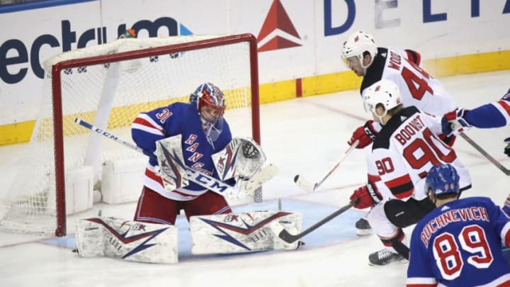 NEW YORK, NEW YORK - JANUARY 09: Igor Shesterkin #31 of the New York Rangers tends net against the New Jersey Devils during the third period at Madison Square Garden on January 09, 2020 in New York City. The Rangers defeated the Devils 6-3. (Photo by Bruce Bennett/Getty Images)