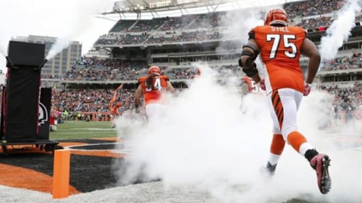 Oct 12, 2014; Cincinnati, OH, USA; Cincinnati Bengals defensive tackle Devon Still (75) runs onto the field prior to the game against the Carolina Panthers at Paul Brown Stadium. The Bengals and the Panthers tie in overtime 37-37. Mandatory Credit: Aaron Doster-USA TODAY Sports