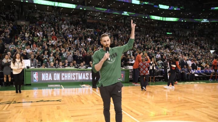 BOSTON, MA - DECEMBER 25: Gordon Hayward #20 of the Boston Celtics speaks to crowd during game against the Washington Wizards on December 25, 2017 at the TD Garden in Boston, Massachusetts. NOTE TO USER: User expressly acknowledges and agrees that, by downloading and or using this photograph, User is consenting to the terms and conditions of the Getty Images License Agreement. Mandatory Copyright Notice: Copyright 2017 NBAE (Photo by Brian Babineau/NBAE via Getty Images)
