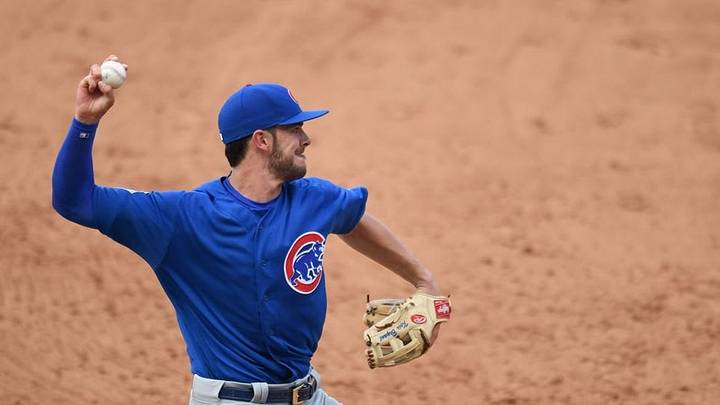 Jun 11, 2016; Atlanta, GA, USA; Chicago Cubs third baseman Kris Bryant (17) commits a throwing error against the Atlanta Braves during the sixth inning at Turner Field. The Cubs defeated the Braves 8-2. Mandatory Credit: Dale Zanine-USA TODAY Sports