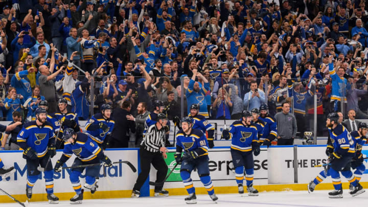 ST. LOUIS, MO - MAY 21: St. Louis Blues and fans celebrate after defeating the San Jose Sharks in Game Six of the Western Conference Final during the 2019 NHL Stanley Cup Playoffs at Enterprise Center on May 21, 2019 in St. Louis, Missouri. (Photo by Scott Rovak/NHLI via Getty Images)