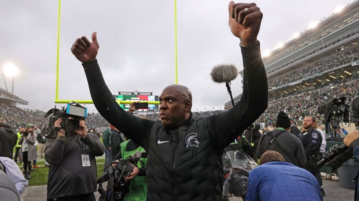EAST LANSING, MICHIGAN – OCTOBER 30: Head coach Mel Tucker of the Michigan State Spartans celebrates a 37-33 win over the Michigan Wolverines at Spartan Stadium on October 30, 2021 in East Lansing, Michigan. (Photo by Gregory Shamus/Getty Images)