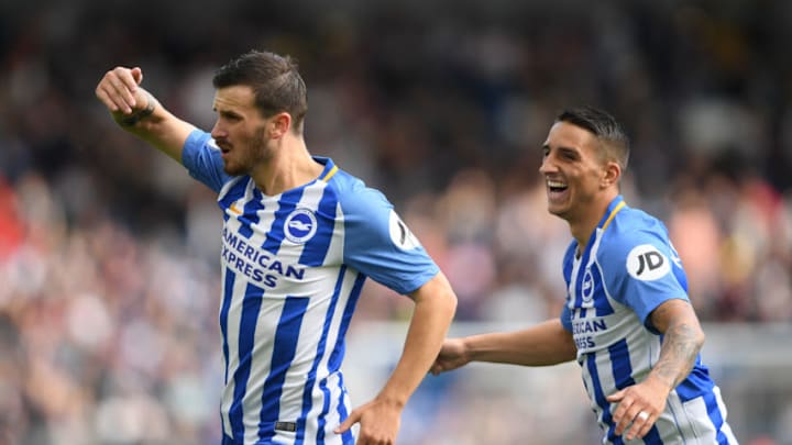 BRIGHTON, ENGLAND – SEPTEMBER 09: Pascal Gross of Brighton celebrates with Anthony Knockaert after scoring his second goal during the Premier League match between Brighton and Hove Albion and West Bromwich Albion at Amex Stadium on September 9, 2017 in Brighton, England. (Photo by Mike Hewitt/Getty Images)